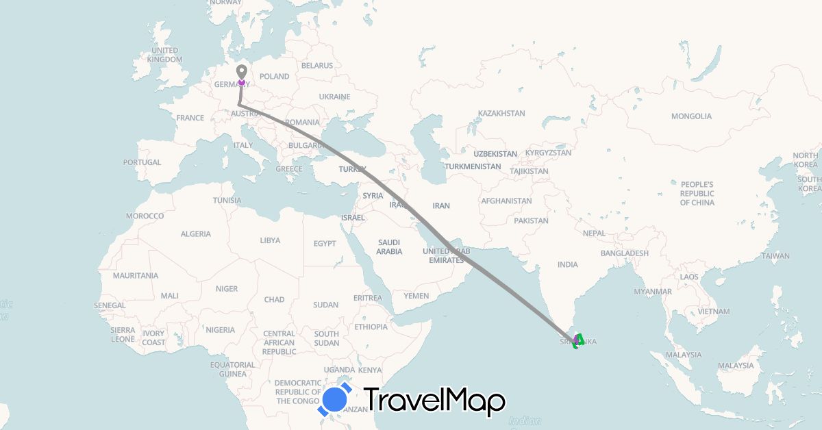 TravelMap itinerary: driving, bus, plane, train, hiking in United Arab Emirates, Germany, Sri Lanka (Asia, Europe)